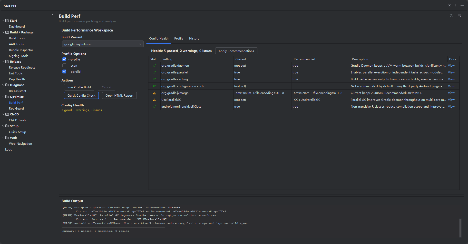 ADB Pro Build Performance 面板，展示 Gradle 任务分析、构建历史和优化建议