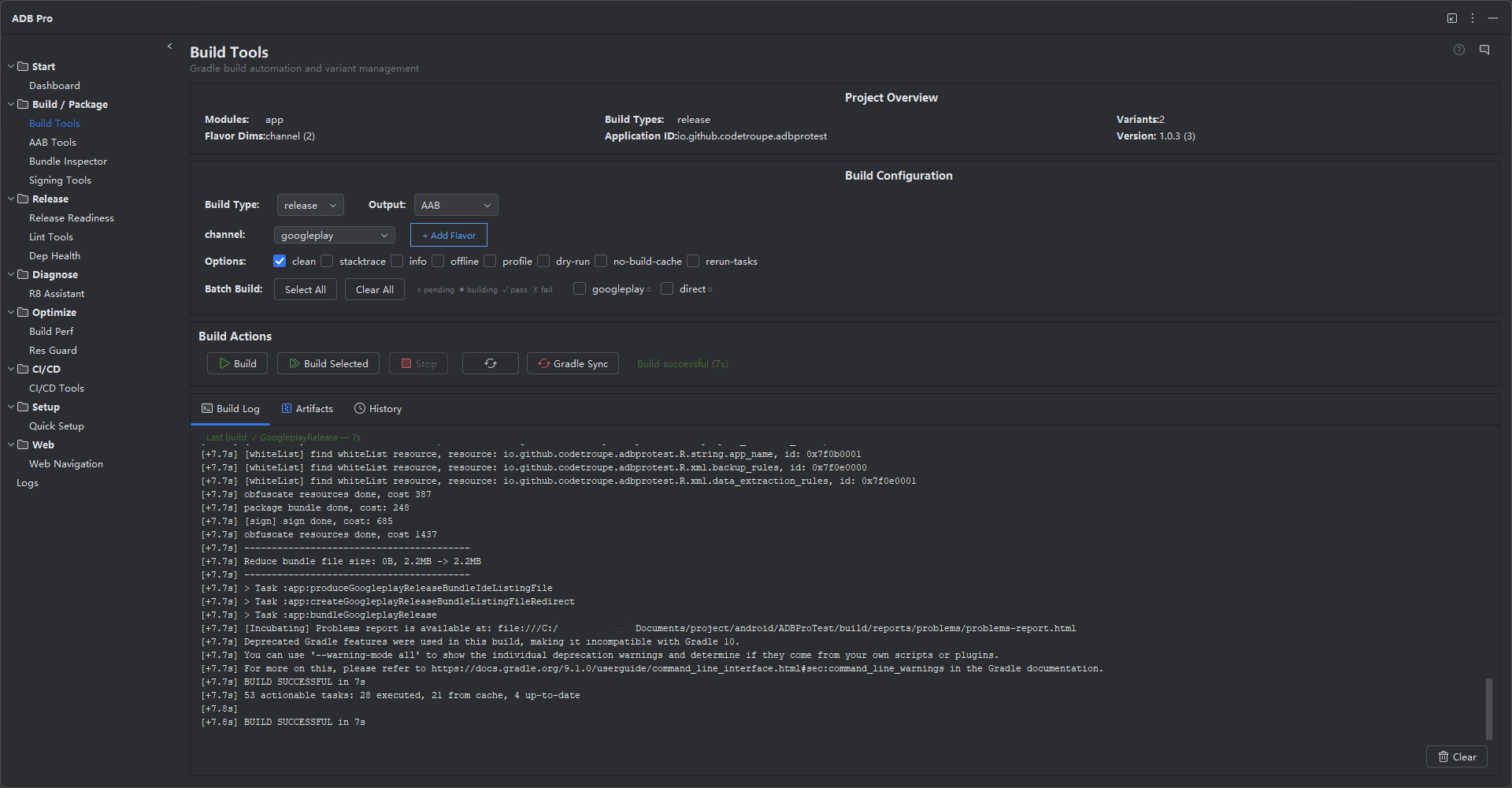 ADB Pro Build Tools 面板,展示 Gradle 任务、变体、构建历史和产物操作