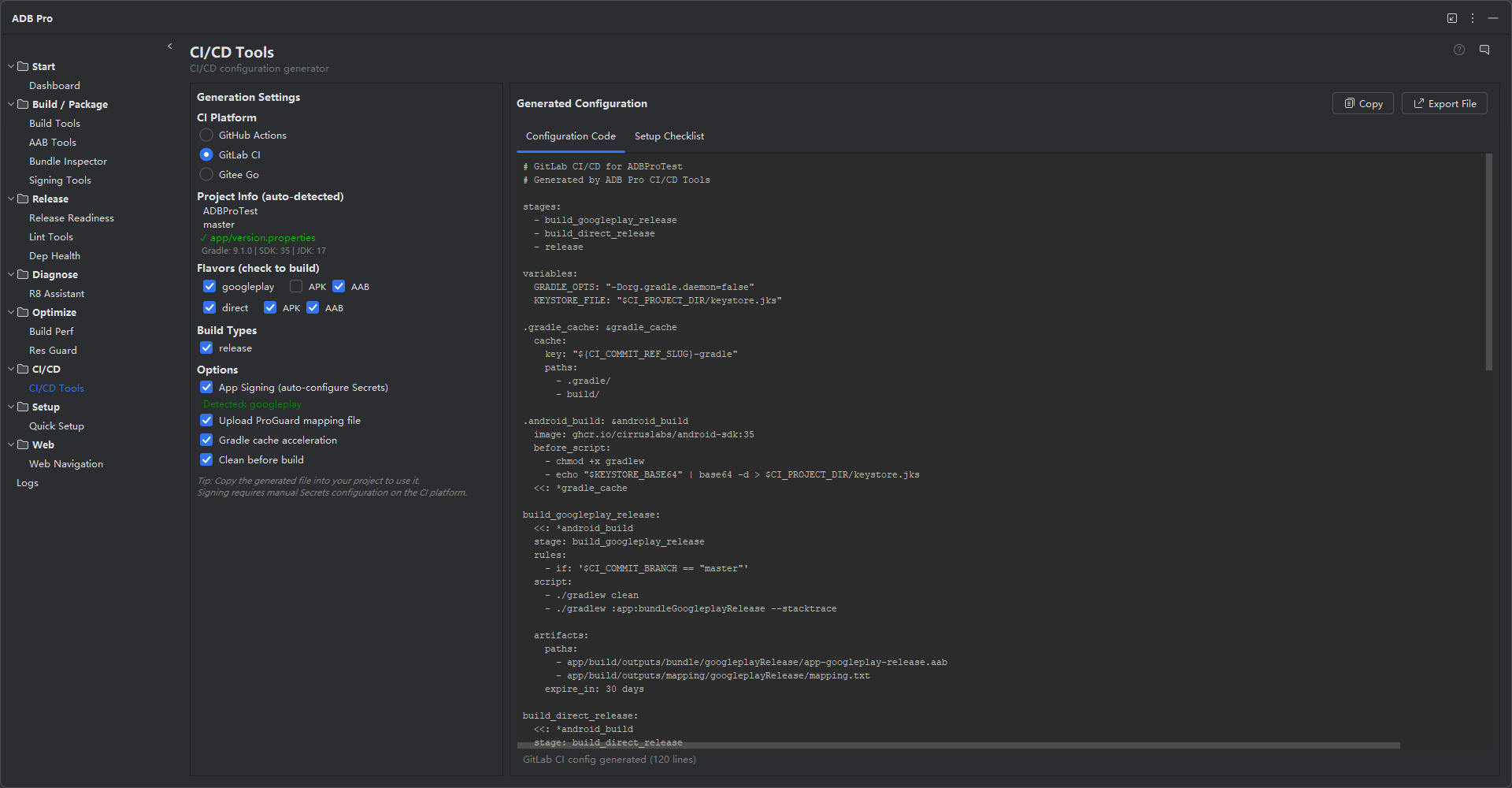 ADB Pro CI/CD Tools 面板，展示 GitHub Actions、GitLab CI 和 Jenkins pipeline 配置