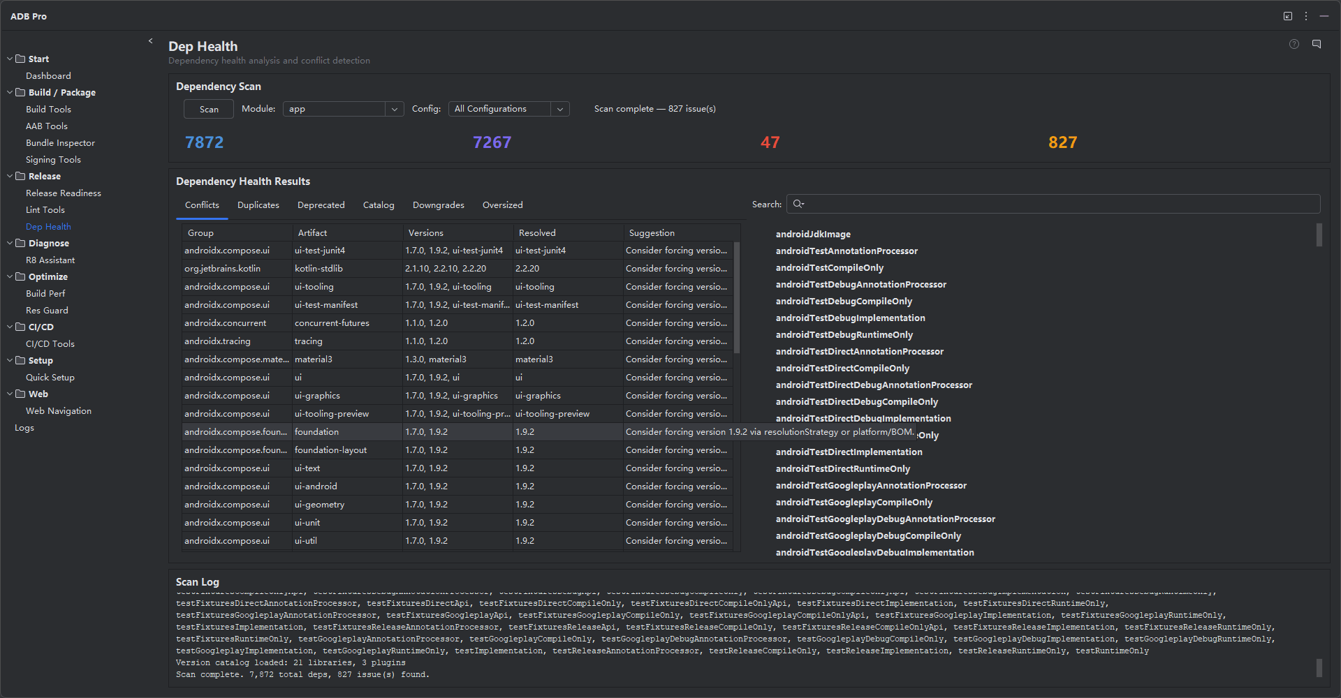 ADB Pro Dependency Health 面板,展示 Gradle 依赖树、冲突、版本目录问题和依赖 diff
