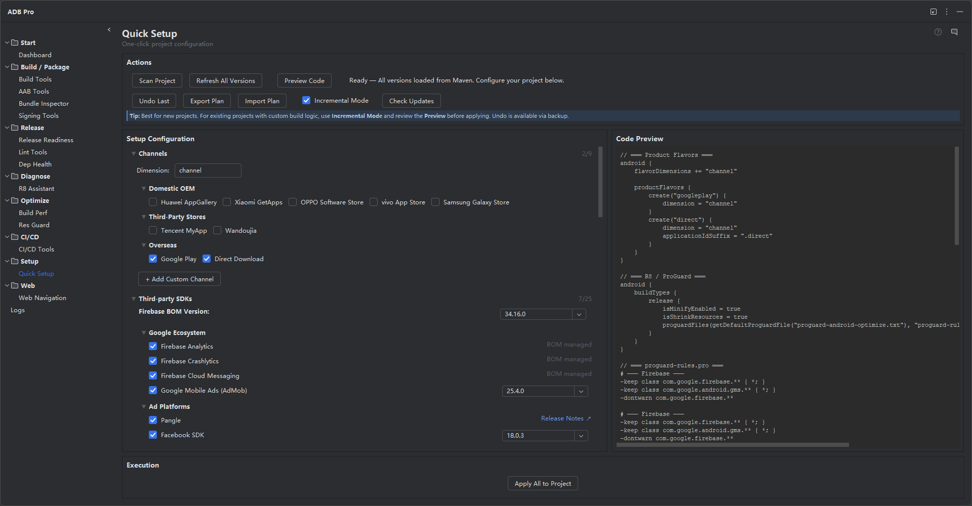 ADB Pro Quick Setup 面板，展示项目扫描、配置选择、Gradle 预览和应用入口