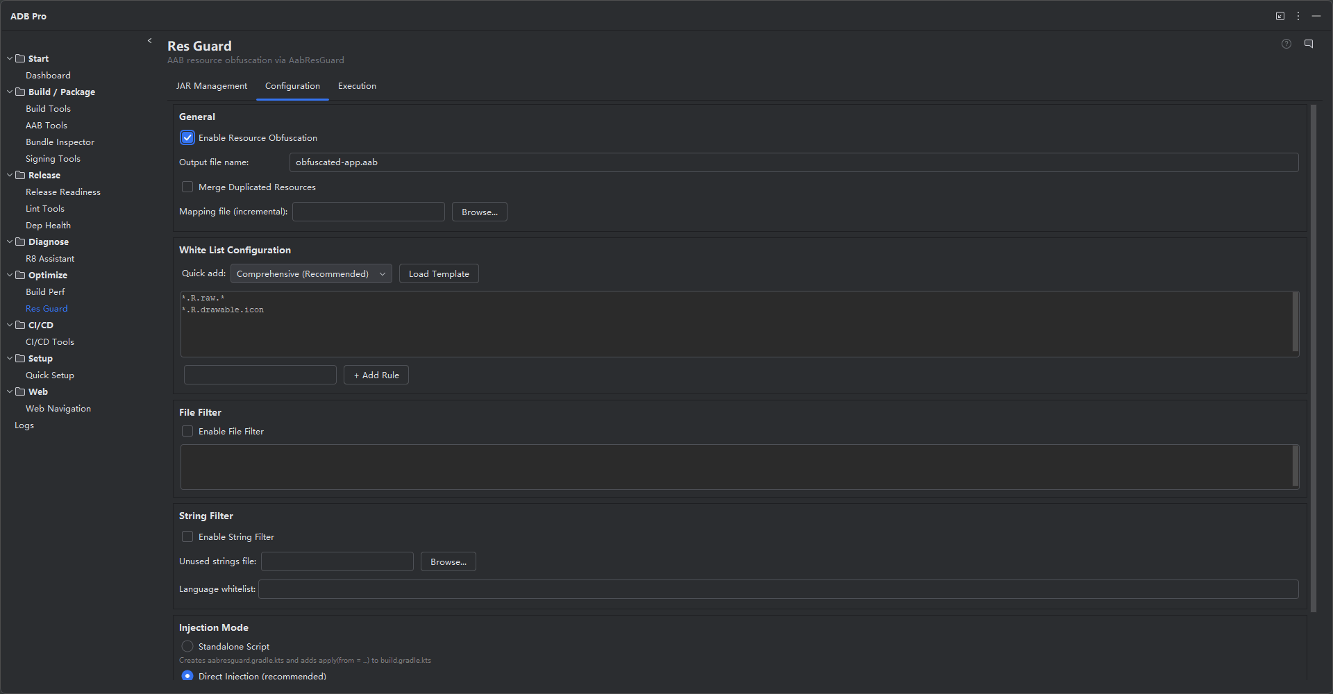 ADB Pro Resource Obfuscation 面板，展示 AabResGuard 配置、白名单规则和执行控制